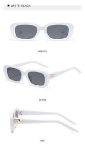 White frame sunglasses with dark grey lenses and gold metal temple details for women.