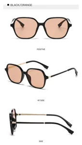 Vue détaillée de lunettes de soleil carrées noires avec verres orange et branches.