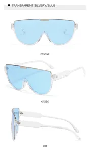 Vista dettagliata di occhiali da sole a mascherina oversize con lenti azzurre e montatura trasparente.