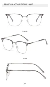 Grau silberne Blaulichtfilter Brille mit quadratischem Halbrand Metallgestell Business.