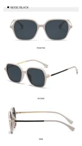 Détail de lunettes de soleil carrées, design élégant en plastique et métal beige noir.