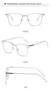Detailansicht der transparenten silbernen Blaulichtfilter-Brille mit quadratischem Rahmen.