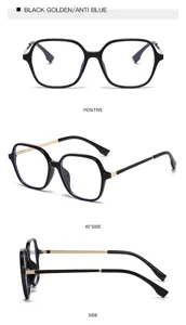 Vue detaillee de lunettes optiques carrees tendance anti lumiere bleue avec monture noire et doree.