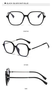Vue détaillée de lunettes carrées anti-lumière bleue noires et argentées avec branches.