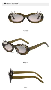 Olivgrüne ovale Sonnenbrille mit Strass-Schleifen und Farbverlauf Gläsern. Detailansicht.