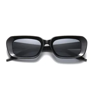 Stylish narrow rectangle sunglasses for women, trendy black thick frame street style shades.