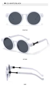 Retro runde Sonnenbrille mit weißem Gestell und schwarzen Bügeln Detailansicht.