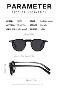 Fashion women round sunglasses E5222 TR metal frame UV protection lightweight 26g detailed specs