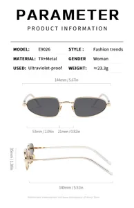 Especificaciones detalladas y dimensiones precisas de las gafas de sol metálicas E9026.