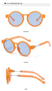 Retro Sonnenbrille mit rundem Kunststoffrahmen in leuchtendem Orange und blauen Gläsern.