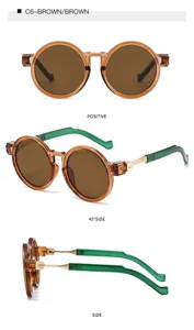 Retro runde Sonnenbrille Detailansicht mit braunem Gestell und grünen Bügeln für den Alltag.