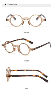 Detailansicht runder Blaulichtfilter Brille mit braunem Rahmen und Schildpatt Bügeln.