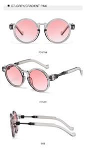 Retro Runde Sonnenbrille mit transparenten grauen Fassungen und modernen pink Gläsern.