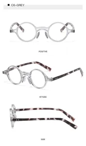 Detailansicht einer klaren runden Blaulichtfilterbrille mit stilvollen Schildpattbügeln.