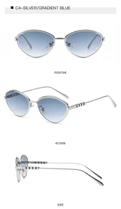 Gafas de sol ojo de gato de metal con lentes degradadas azules, estilo moda urbana.