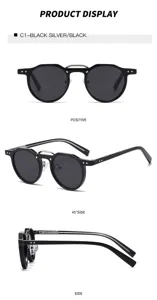 Detail view of stylish round frame sunglasses with metal double bridge and temples.