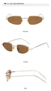 Vista detallada de gafas de sol de metal dorado con lentes marrones y patillas transparentes.