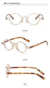Klare runde Blaulichtfilter Brille Detailansicht mit Front- und Seitenansicht.