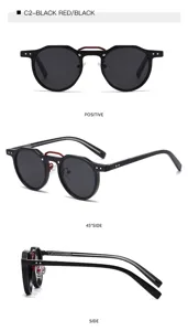 Black round frame sunglasses with red metal bridge detail and stylish temples for daily wear.