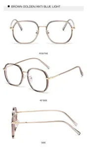 Detailansicht der stilvollen polygonalen Blaulichtfilter Brille mit braunem und goldnem Rahmen.