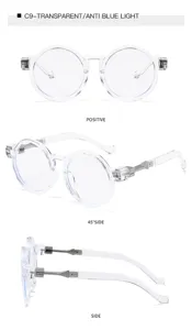 Transparente runde Blaulichtschutz-Brille Detailansicht mit stilvollen Metallbügeln.