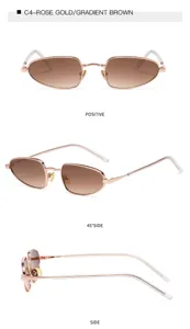 Vista detallada de gafas de sol ovaladas de metal en oro rosa con lentes marrones degradadas.
