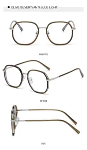 Detailansicht der olivsilbernen Blaulichtfilter Brille mit polygonem Rahmen im Studio.