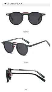 Retro round frame sunglasses with green and black acetate and metal pin temples for men women.