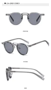 Grey round sunglasses detail view featuring double bridge and stylish metal temple pins.