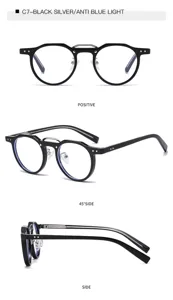 Detailed multi-angle view of stylish anti-blue light glasses with metal temples and frame.