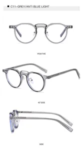 Grey anti-blue light glasses detail view, stylish metal pin temples, multi-sided frame.