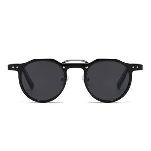 Fashion retro round sunglasses with metal pin details and black plastic frame for trendy daily wear.