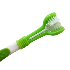 Pet three-sided toothbrush with multi-angle bristles for comprehensive oral cleaning and hygiene.