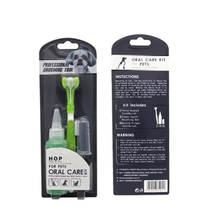 Pet oral care kit with three-headed toothbrush and cleaning gel for dogs and cats.