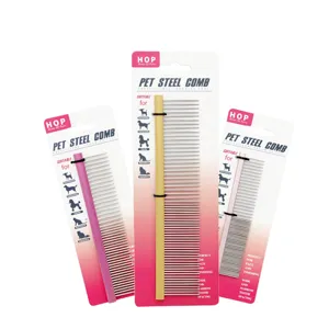 Professional pet steel comb for cats and dogs, dual-tooth grooming tool with colorful handles.