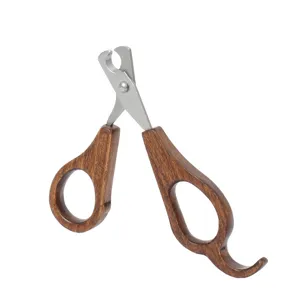 Wooden handle pet nail clipper for cats and dogs, portable claw trimming scissor main view.
