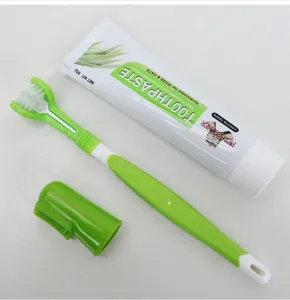 Detailed view of pet tooth cleaning set with triple toothbrush and vanilla toothpaste tube.