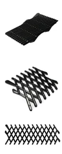 Black expandable pet fence and safety gate with adjustable folding lattice design for pets.