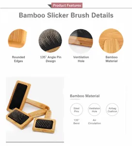 Bamboo pet slicker brush for dogs and cats with curved pins and air hole design