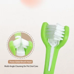 Pet three-sided toothbrush for dog and cat oral care, multi-angle teeth cleaning tool.