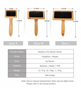 Size chart details for pet bamboo slicker brush, showing S, M, L dimensions and parameters.