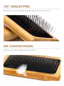 Close-up detail of pet grooming slicker brush with bamboo handle and metal pins.