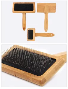 Bamboo pet slicker brush for dogs and cats, featuring fine metal pins and comfortable handle.