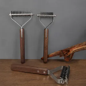 Pettine per Toelettatura per Animali Domestici Manico in Legno di Noce Denti in Acciaio Inossidabile Rache per la Rimozione dei Peli di Cane Strumento di Sgrovigliatura per Gatti e Cani Forniture per Animali Domestici