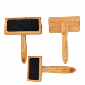 Bamboo pet slicker brush for cats and dogs, professional grooming tool with fine steel pins.