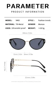 Cat-eye sunglasses detail view showing dimensions 140mm width, TR and metal frame, lightweight.