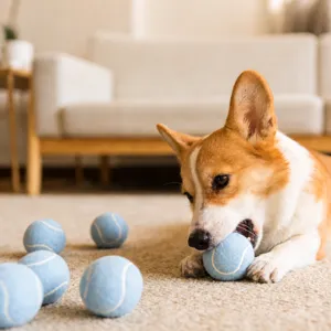 Durable dog toy tennis ball for chewing and interactive training, made with felt rubber.
