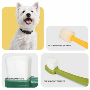 Professional pet toothbrush with soft 360 degree head and ten thousand fine bristles.