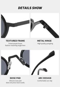 Schwarze, runde Sonnenbrille mit Metallscharnier, Silikonnasenpolstern und Bogen.