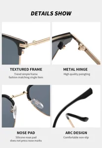 Detailansicht modischer quadratischer Sonnenbrillen mit Metallrahmen und Nasenkissen.
